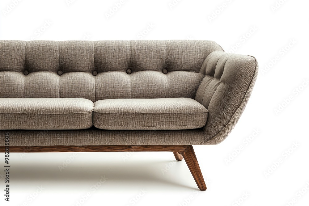Chic modern sofa with button tufts and angular wooden legs isolated white background , ai Chic modern sofa with button tufts and angular wooden legs isolated white background , ai
