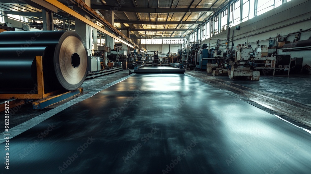 Wide-Angle View of Rubber Sheets Being Processed in a Factory, Showing a Roll of Rubber, Machines, and a Conveyor Belt Wide-Angle View of Rubber Sheets Being Processed in a Factory, Showing a Roll of Rubber, Machines, and a Conveyor Belt