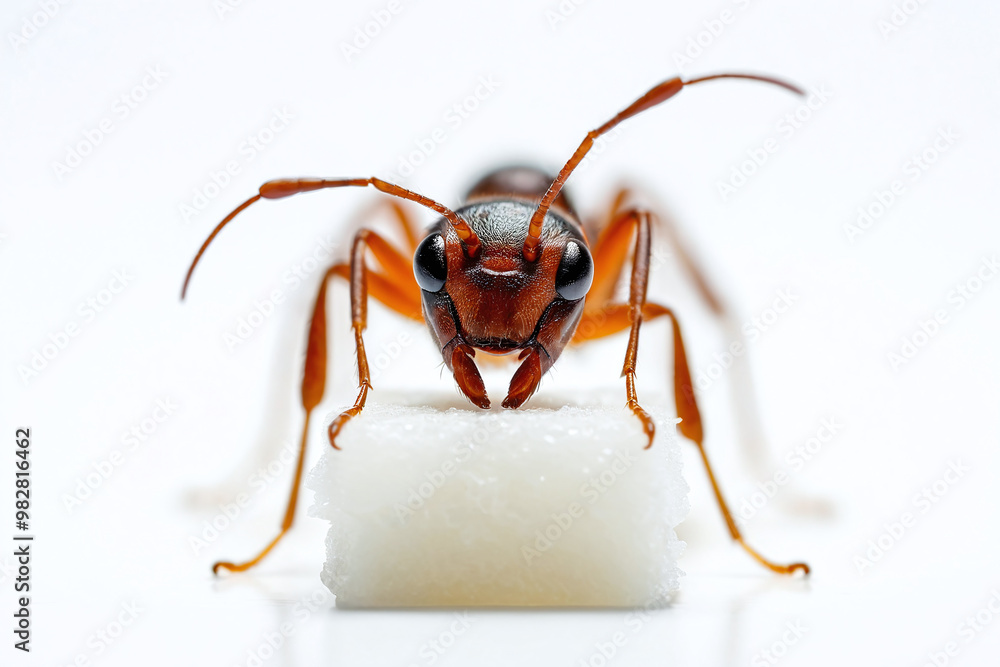 Red ant, head with mandible holding and biting on a cube of sugar, macro closeup front, isolated on white background. Concept on fondness, attachment to sugary sweet food and drinks, health, diabetes. Red ant, head with mandible holding and biting on a cube of sugar, macro closeup front, isolated on white background. Concept on fondness, attachment to sugary sweet food and drinks, health, diabetes.