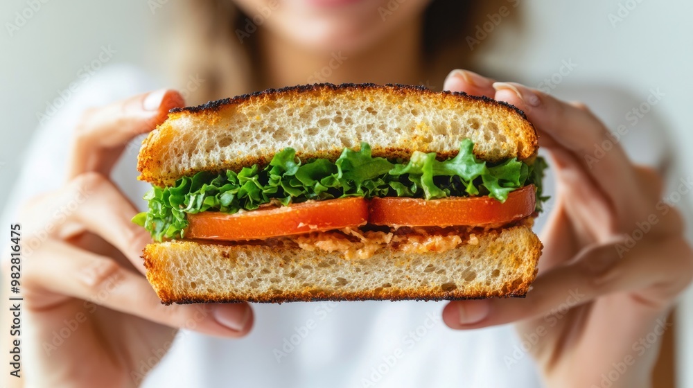 A person holding a sandwich filled with lettuce and tomato, showcasing a fresh meal. A person holding a sandwich filled with lettuce and tomato, showcasing a fresh meal.