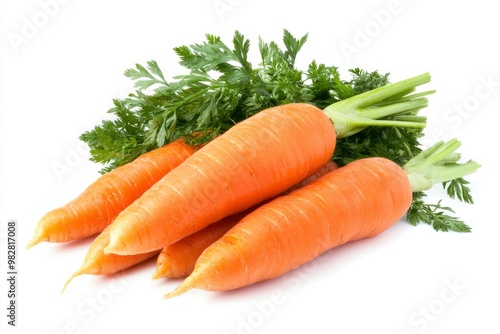 Carrots isolated. Carrot on white background. Four carrots with green leaves. Full depth of field , ai