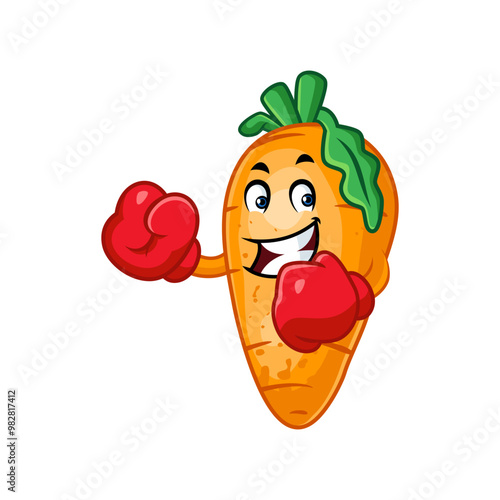 A cartoon carrot wearing boxing gloves and a happy expression, ready to fight.