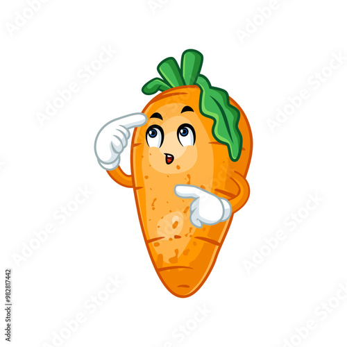 Cute and curious cartoon carrot character thinking with a thoughtful expression, isolated on white.