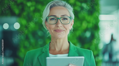Smiling businesswoman in green blazer uses tablet.
