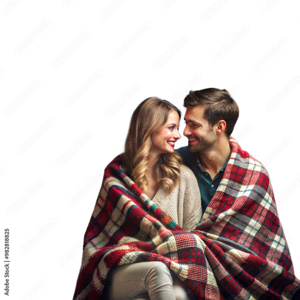 Couple wrapped in cozy plaid blanket sitting together, smiling affectionately against transparent background Couple wrapped in cozy plaid blanket sitting together, smiling affectionately against transparent background