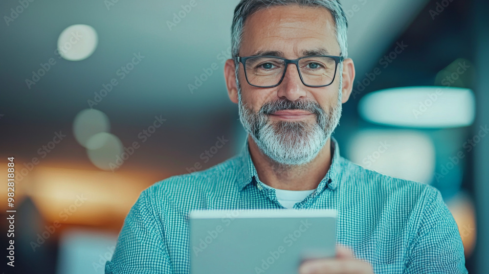 Smiling man in glasses uses tablet. Smiling man in glasses uses tablet.