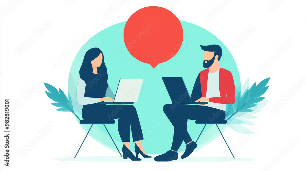 Two people sitting on chairs facing each other, having a conversation on their laptops. Two people sitting on chairs facing each other, having a conversation on their laptops.