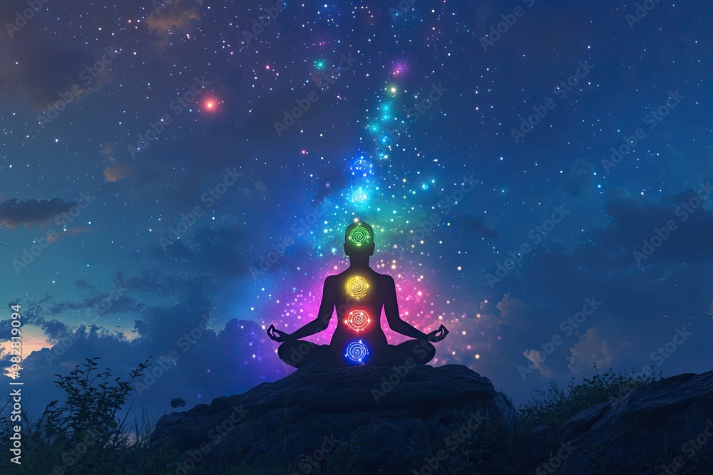 A vibrant, artistic depiction of the chakras in alignment during a yoga pose under a starlit sky A vibrant, artistic depiction of the chakras in alignment during a yoga pose under a starlit sky