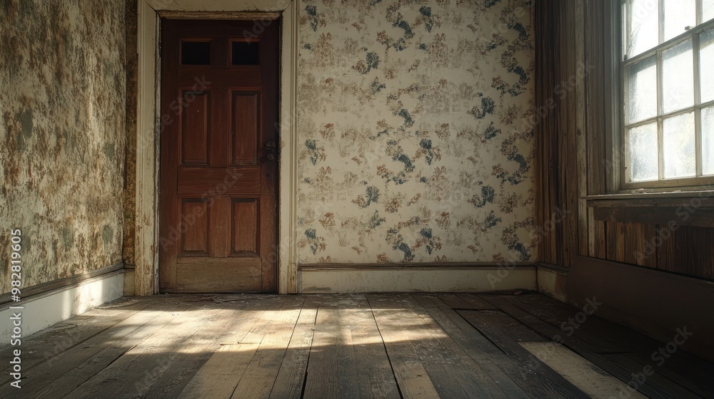 An empty room with a wooden floor, a closed door, and floral wallpaper. An empty room with a wooden floor, a closed door, and floral wallpaper.
