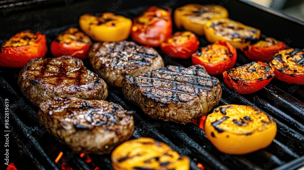 Grilled steaks and colorful vegetables on a barbecue grill. Grilled steaks and colorful vegetables on a barbecue grill.