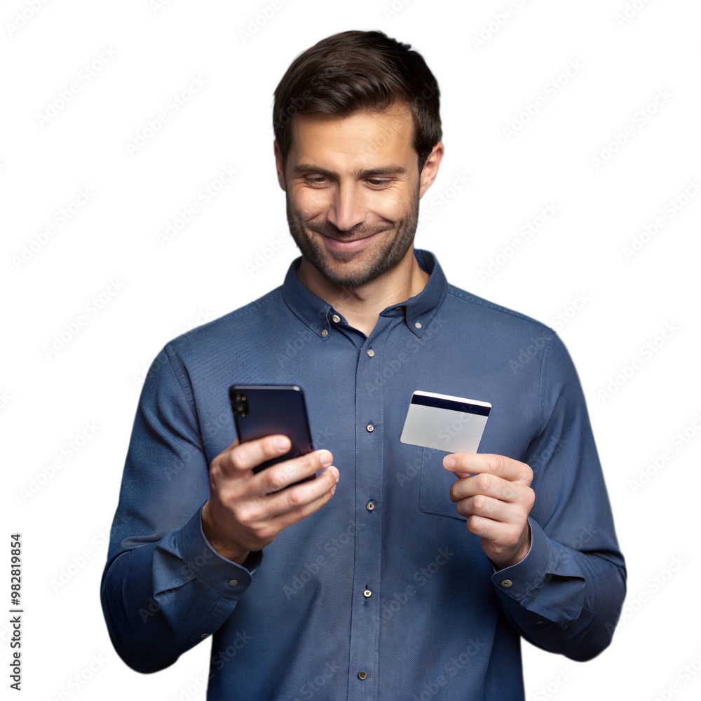 Man holding smartphone and credit card, shopping online with confident smile on transparent background