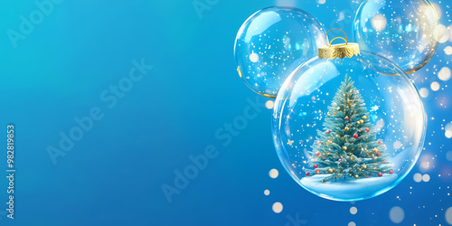 This image features a set of transparent Christmas baubles containing a small snowy tree, set against a bright blue background with sparkling lights in a festive atmosphere.