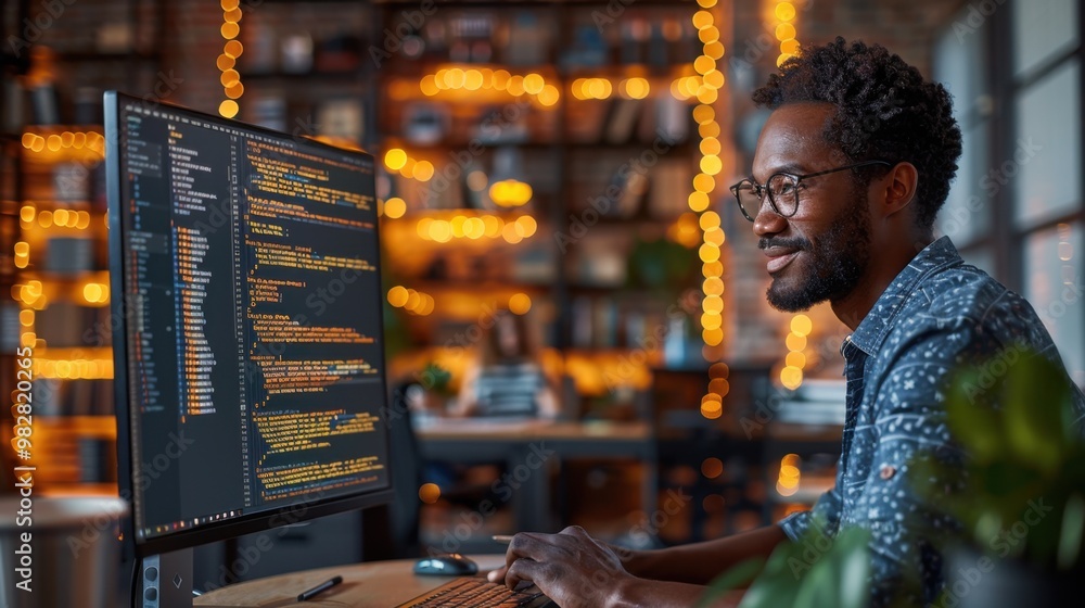 A highly realistic image of a person engaged in Software Developer – Writing code in a coworking space The scene is well-lit, with natural light highlighting the details. The background is slightly A highly realistic image of a person engaged in Software Developer – Writing code in a coworking space The scene is well-lit, with natural light highlighting the details. The background is slightly