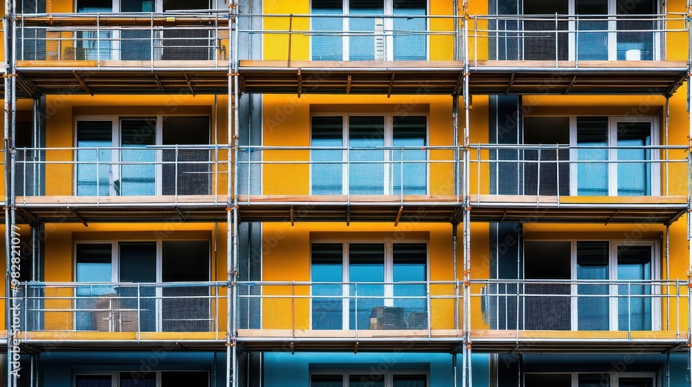 A colorful apartment building featuring balconies and large windows. A colorful apartment building featuring balconies and large windows.