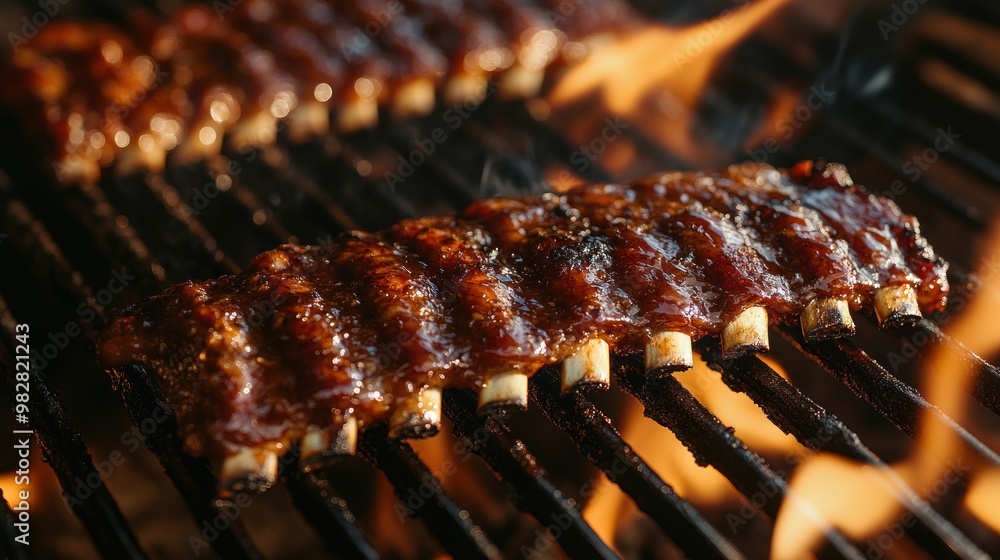 Juicy barbecue ribs sizzling on a grill with flames, highlighting a delicious cooking process. Juicy barbecue ribs sizzling on a grill with flames, highlighting a delicious cooking process.
