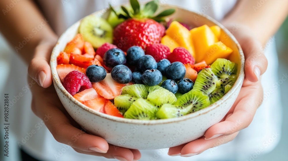 A person holding a bowl filled with a colorful assortment of fresh fruits. A person holding a bowl filled with a colorful assortment of fresh fruits.