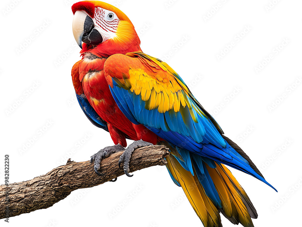 Fototapeta premium A vibrant parrot perched on a branch, displaying bright red, blue, and yellow feathers, showcasing nature's beauty.