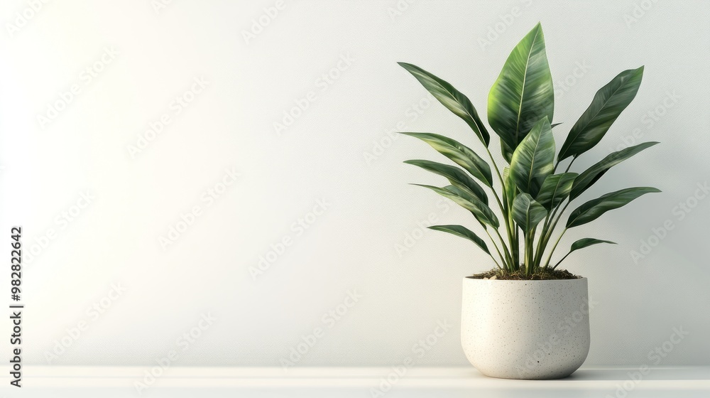 A potted plant with lush green leaves on a minimalist shelf against a light background. A potted plant with lush green leaves on a minimalist shelf against a light background.