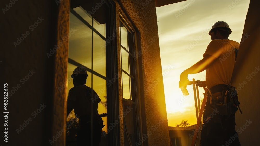Fototapeta premium Workers silhouetted against a sunset, engaged in construction near a window.