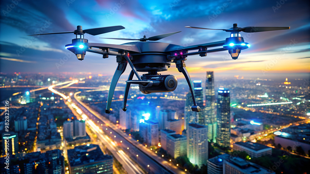 Drone flying over a city skyline at dusk with illuminated buildings and roads Drone flying over a city skyline at dusk with illuminated buildings and roads