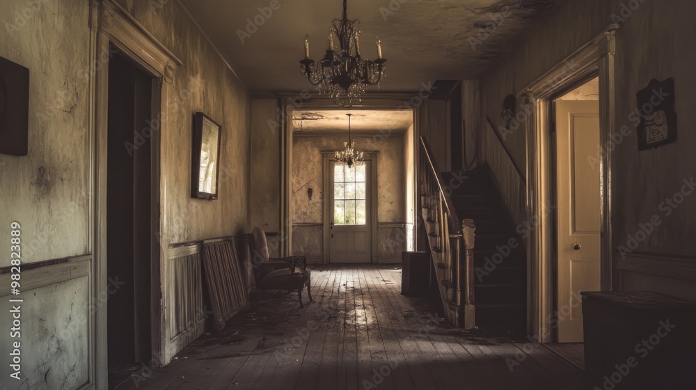A dimly lit hallway in an old, abandoned house with peeling walls and a staircase. A dimly lit hallway in an old, abandoned house with peeling walls and a staircase.