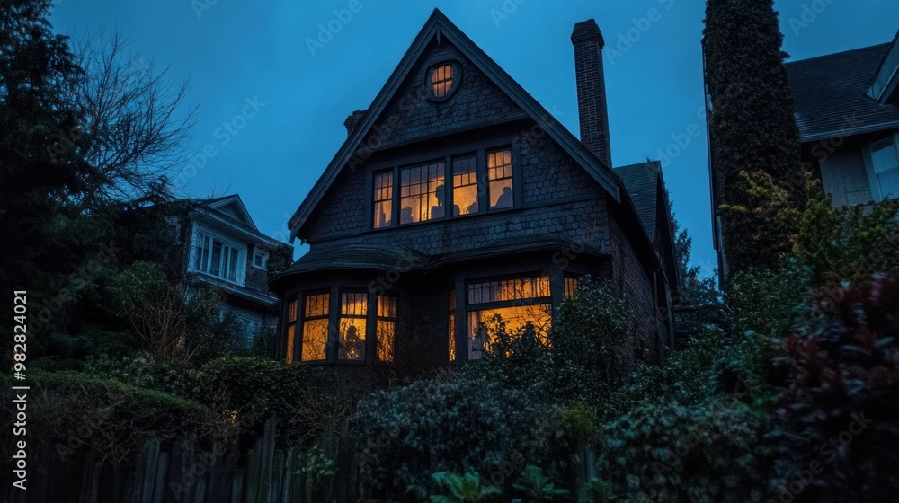 A cozy house illuminated at dusk, surrounded by lush greenery. A cozy house illuminated at dusk, surrounded by lush greenery.