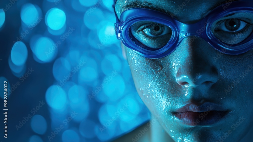 Close-up of a swimmer in goggles with water droplets, emphasizing focus and determination. Close-up of a swimmer in goggles with water droplets, emphasizing focus and determination.