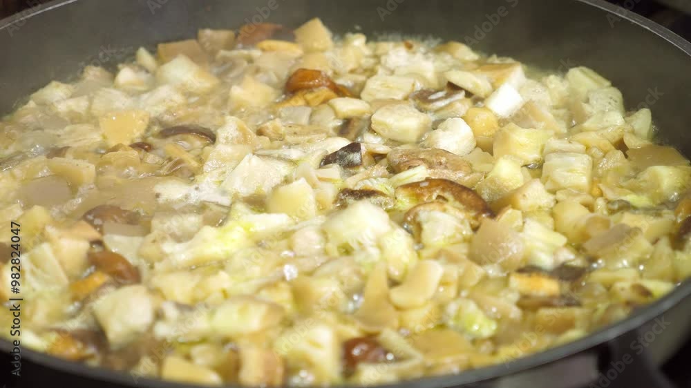 Close-up of mushrooms cooking in a pan, showcasing the cooking process and the texture of the mushrooms as they heat up. Close-up of mushrooms cooking in a pan, showcasing the cooking process and the texture of the mushrooms as they heat up.