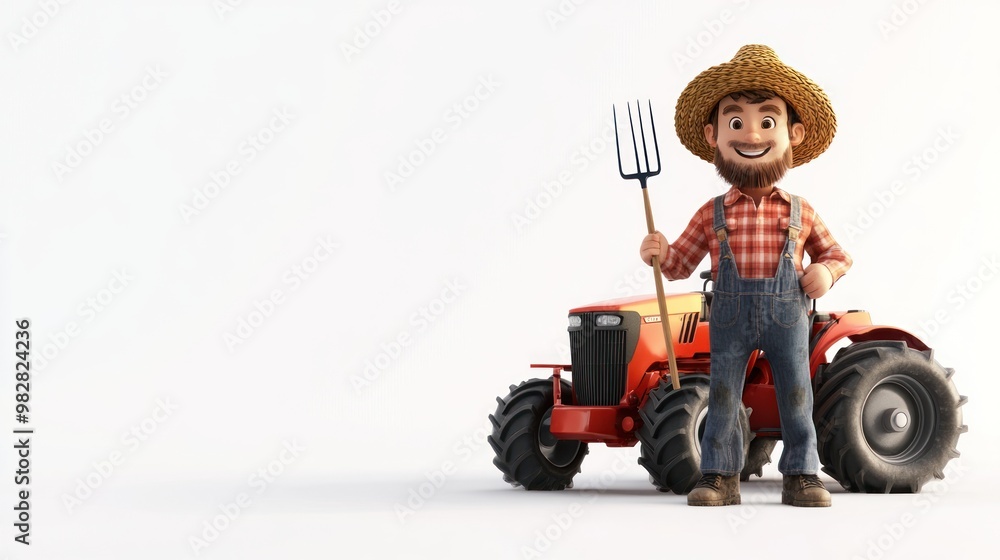 A cheerful farmer stands with a pitchfork beside a red tractor in a bright setting. A cheerful farmer stands with a pitchfork beside a red tractor in a bright setting.