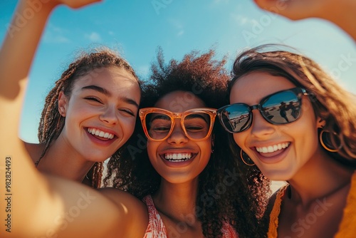 Vertical photo. Two girl friends making a frame with hands. A group of young people is happily celebrating, taking a selfie together. Smiling women having fun during their leisure travel, ai