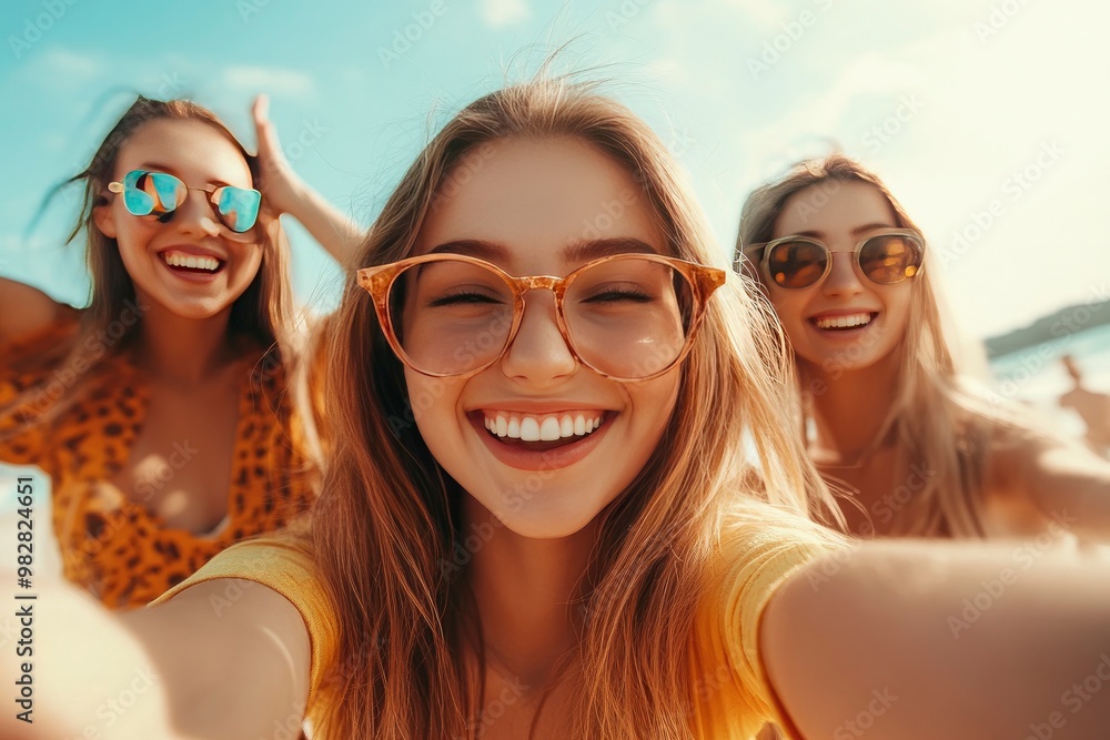 Vertical photo. Two girl friends making a frame with hands. A group of young people is happily celebrating, taking a selfie together. Smiling women having fun during their leisure travel, ai Vertical photo. Two girl friends making a frame with hands. A group of young people is happily celebrating, taking a selfie together. Smiling women having fun during their leisure travel, ai