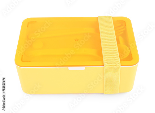 Plastic lunch box with cutlery isolated on white