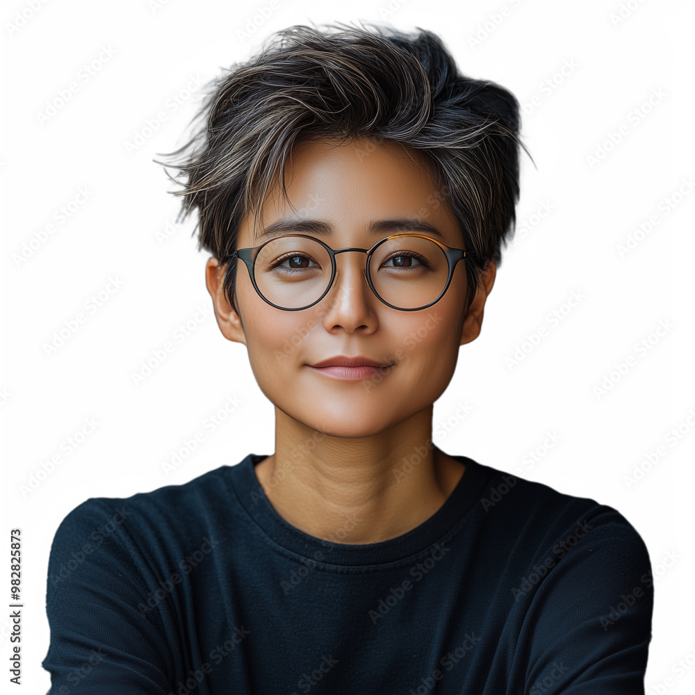 Portrait of confident shorthaired woman wearing glasses, smiling on transparent background Portrait of confident shorthaired woman wearing glasses, smiling on transparent background