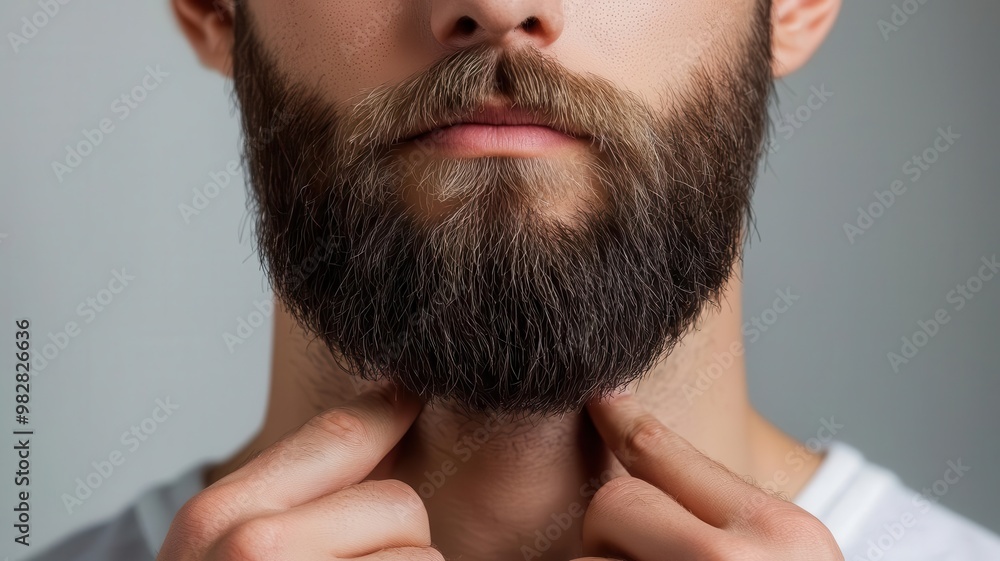 Obraz premium Close-up of a man pointing his thick beard, showcasing masculinity and personal style. Perfect for beauty and lifestyle themes.