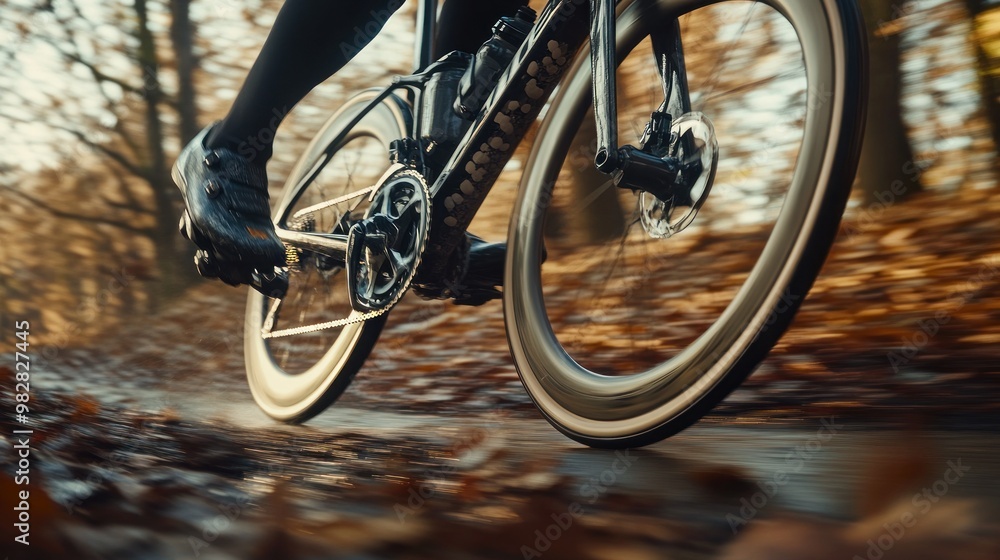 Fototapeta premium A cyclist rides through a forest path covered in autumn leaves.