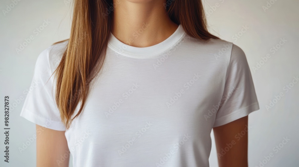 A close-up view of a person wearing a plain white t-shirt against a neutral background. A close-up view of a person wearing a plain white t-shirt against a neutral background.