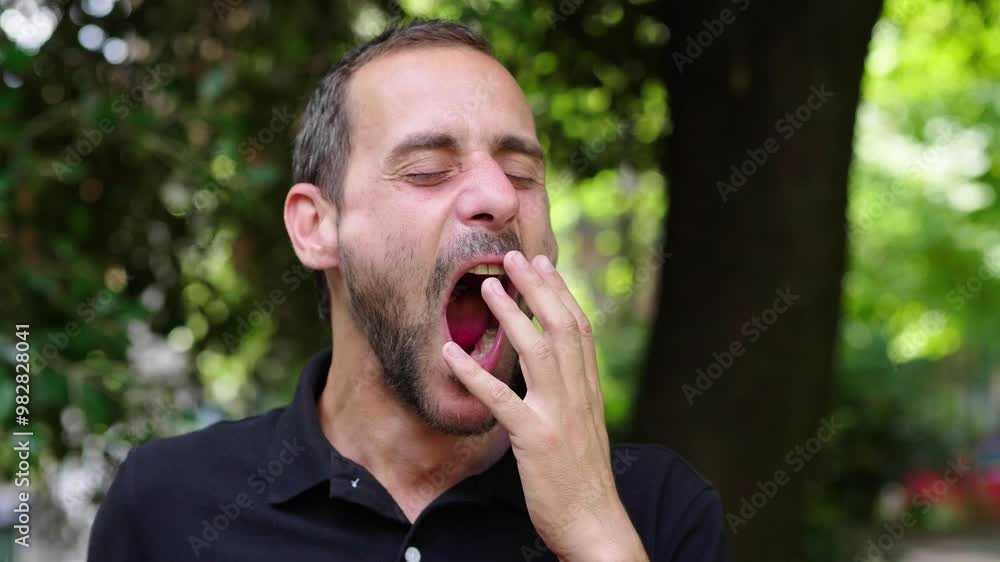 young man yawning while waiting at the park. The scene captures his fatigue and waiting posture young man yawning while waiting at the park. The scene captures his fatigue and waiting posture