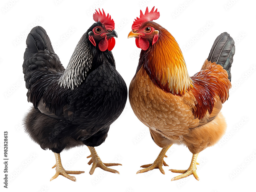 A pair of colorful chickens standing side by side, showcasing their vibrant feathers and distinctive personalities. A pair of colorful chickens standing side by side, showcasing their vibrant feathers and distinctive personalities.