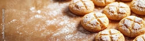 Freshly baked cookies dusted with powdered sugar on a wooden surface, perfect for a cozy bakery or dessert-themed project.