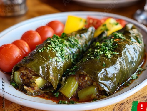 A Dolma. The most popular Turkish dishes. Vegetables such as peppers, tomatoes, or grape leaves stuffed with a mixture of rice, nuts, spices, and sometimes meat.