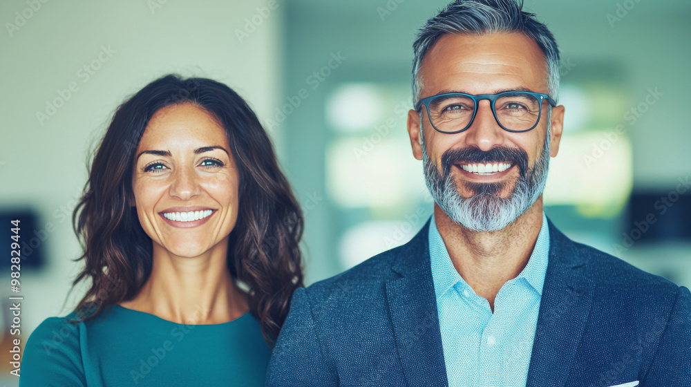 Smiling couple in an office setting. Smiling couple in an office setting.
