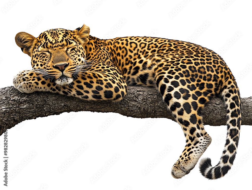 A serene leopard rests comfortably on a tree branch, showcasing its beautiful fur patterns and relaxed demeanor in nature. A serene leopard rests comfortably on a tree branch, showcasing its beautiful fur patterns and relaxed demeanor in nature.