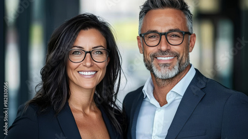 Smiling business professionals wearing glasses.