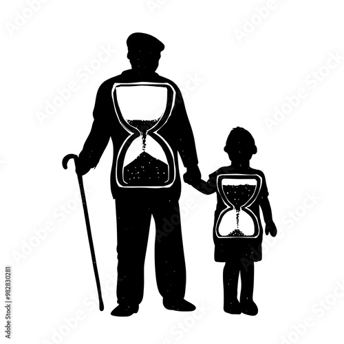 Vector Silhouette of Elderly and Child with Hourglass Symbol