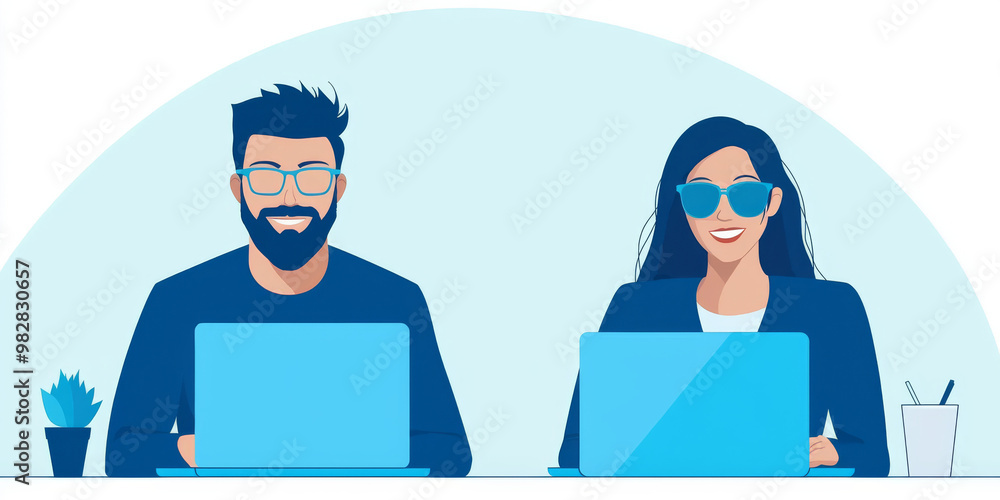A man and woman work on their laptops. A man and woman work on their laptops.