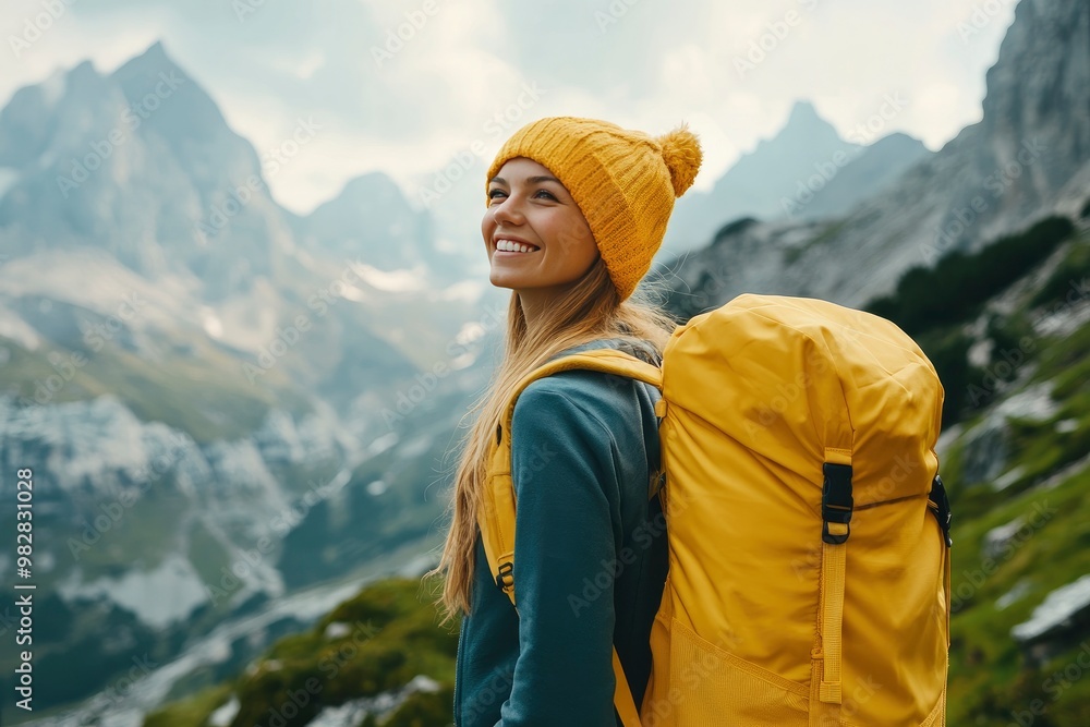 A smiling female traveler with a yellow hiking backpack enjoys the beautiful scenery of the majestic mountains. Travel, adventure. Concept of an active lifestyle, ai A smiling female traveler with a yellow hiking backpack enjoys the beautiful scenery of the majestic mountains. Travel, adventure. Concept of an active lifestyle, ai