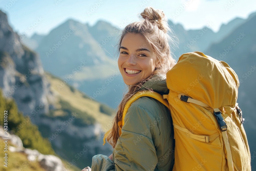 A smiling female traveler with a yellow hiking backpack enjoys the beautiful scenery of the majestic mountains. Travel, adventure. Concept of an active lifestyle, ai A smiling female traveler with a yellow hiking backpack enjoys the beautiful scenery of the majestic mountains. Travel, adventure. Concept of an active lifestyle, ai