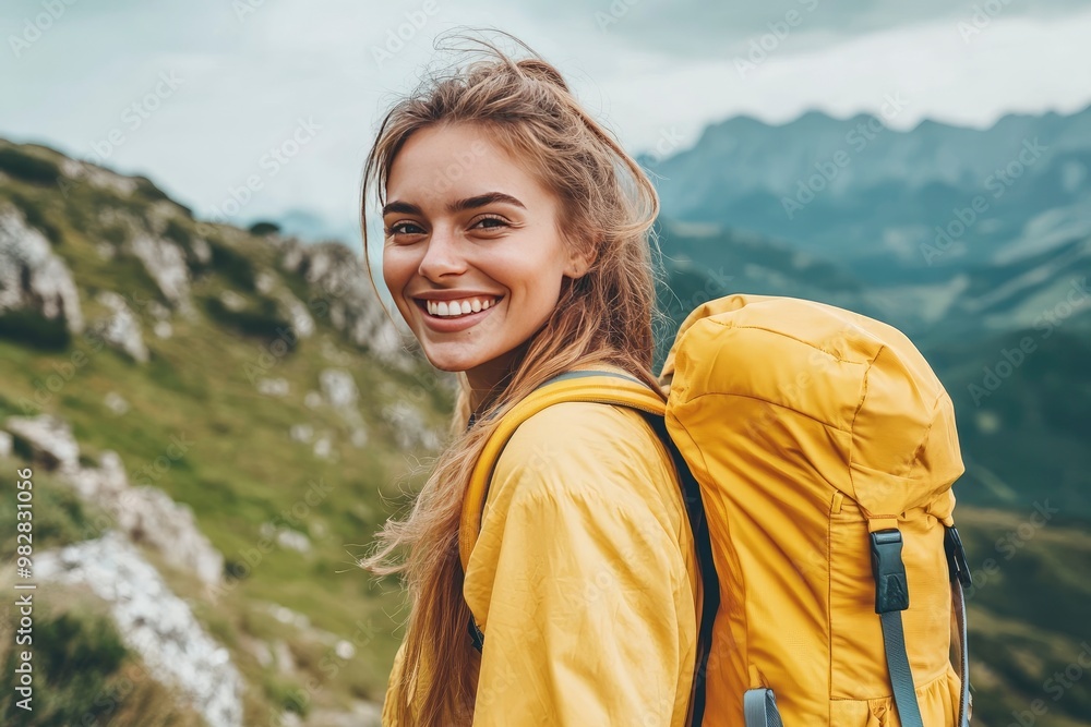 A smiling female traveler with a yellow hiking backpack enjoys the beautiful scenery of the majestic mountains. Travel, adventure. Concept of an active lifestyle, ai A smiling female traveler with a yellow hiking backpack enjoys the beautiful scenery of the majestic mountains. Travel, adventure. Concept of an active lifestyle, ai