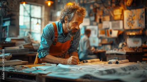 A highly realistic image of a person engaged in Architect – Designing buildings in an architectural studio The scene is well-lit, with natural light highlighting the details. The background 