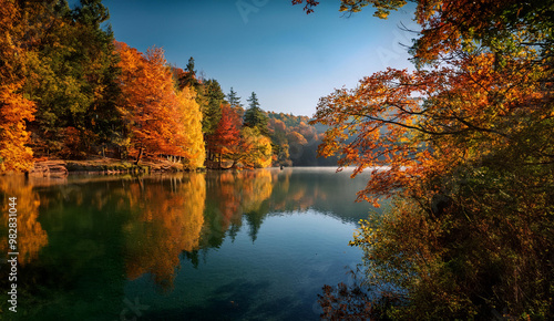 Landscape of colorful autumn trees reflecting off of a lake 